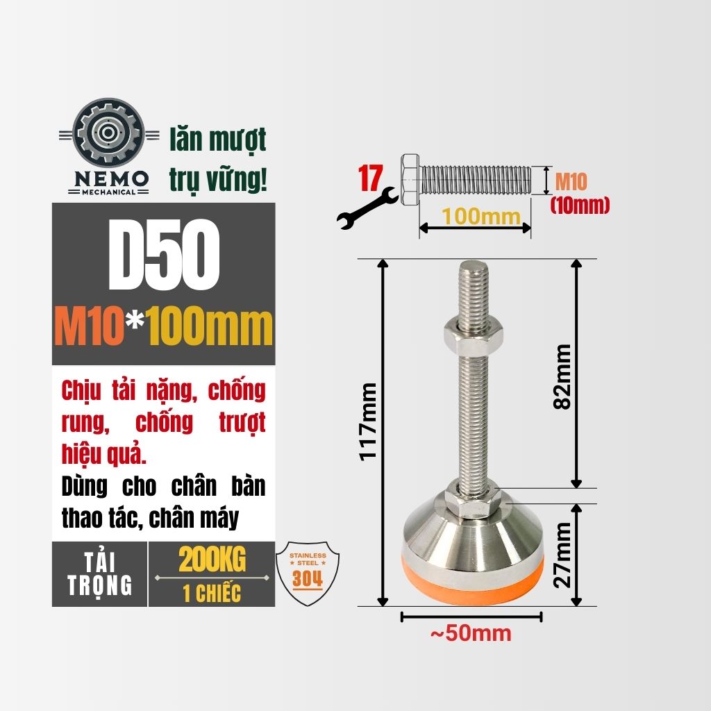 Chân Tăng Chỉnh Inox 304 Ren M10 – Chống Gỉ Tuyệt Đối, Đế Bát Dày Chịu Tải Nặng